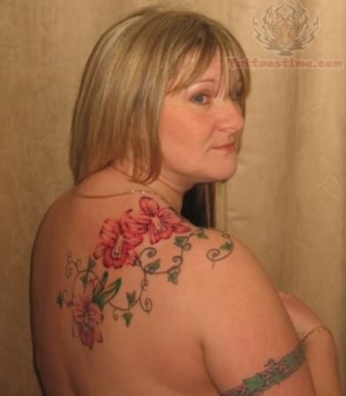 Ivy Flower Tattoo On Back Shoulder