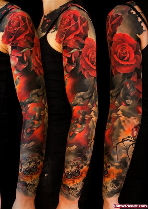 Red Rose Flowers And Japanese Tattoo On Full Sleeve