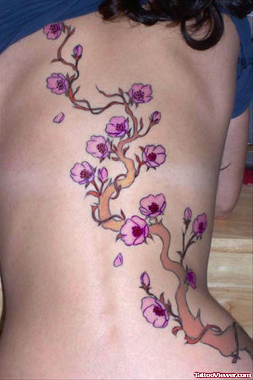 Japanese Color Flowers Tattoo On Back For Girls
