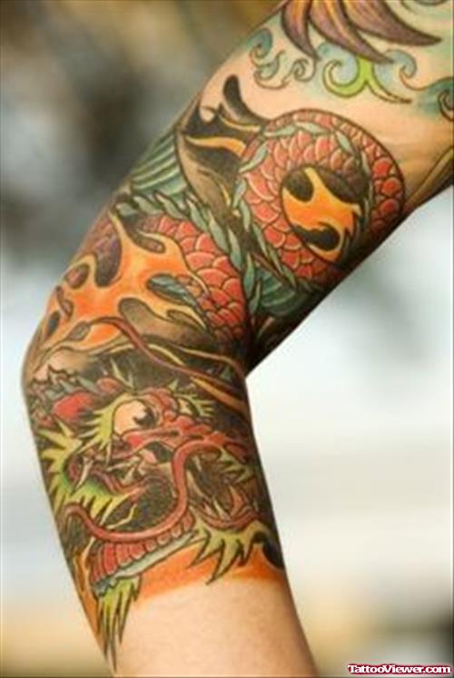 Color Japanese Dragon Tattoo On Right Sleeve