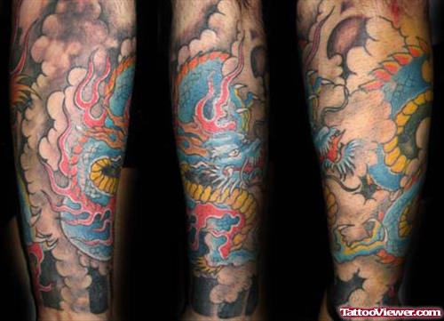 Amazing Colored Japanese Dragon Tattoo On Full Sleeve