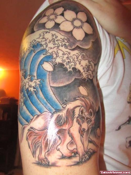 Wolf And Japanese Tattoo On Right Half Sleeve