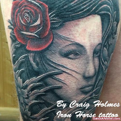 Red Rose And Japanese Girl Head Tattoo