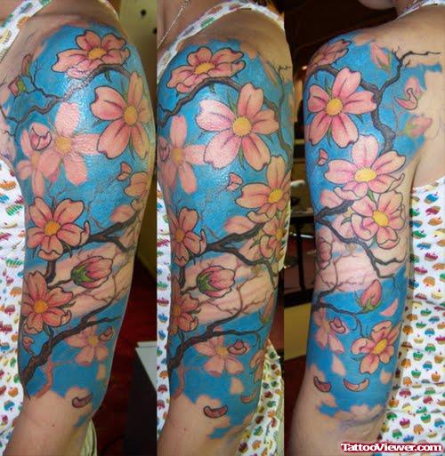 Putka Japanese Flower Tattoo On Half Sleeve