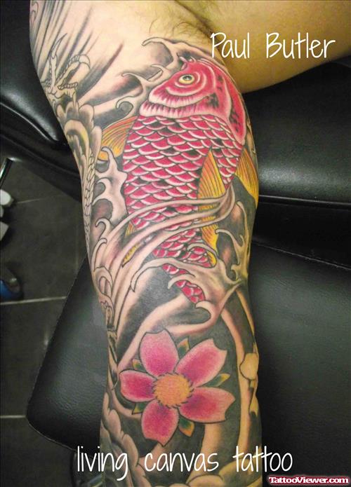 Japanese Flower And Fish Tattoo On Sleeve