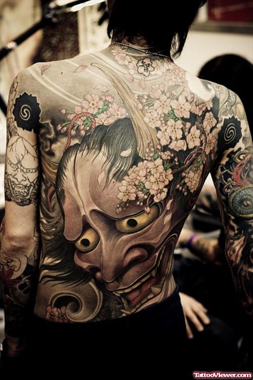 Hanya And Flowers Japanese Tattoo On Back