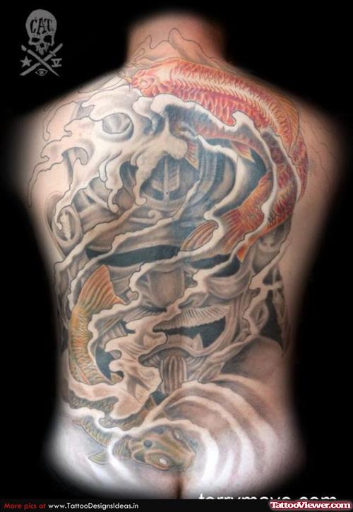 Grey Ink Japanese Hanya Tattoo On Back