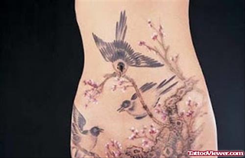 Grey Ink Japanese Bird Tattoo On Back