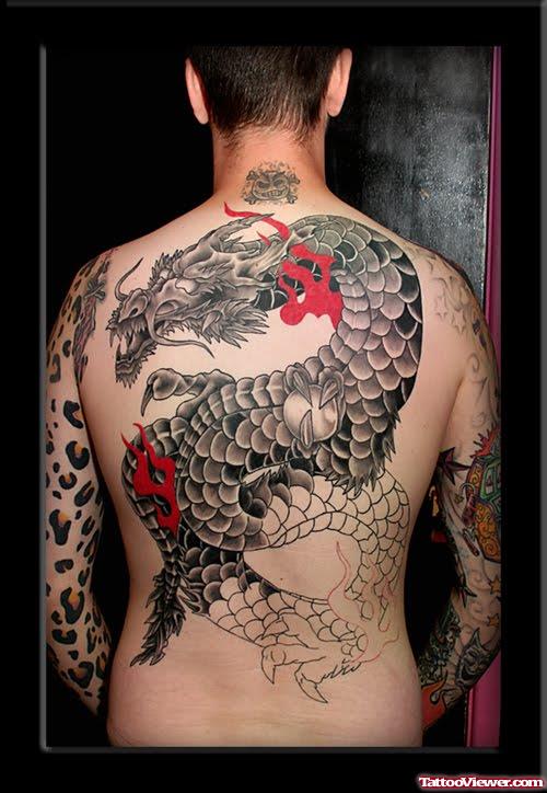 Grey Ink Dragon Japanese Tattoo On Man Back