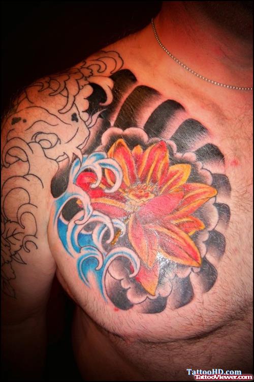 Colored Japanese Tattoo On Man Chest