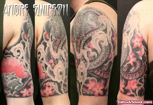 Colored Japanese Dragon Tattoo On Half Sleeve