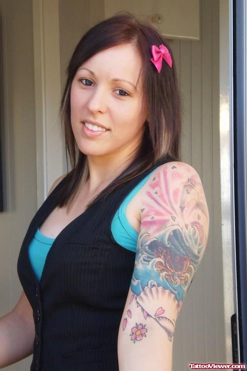 Color Ink Japanese Tattoo on Girl Left Half Sleeve