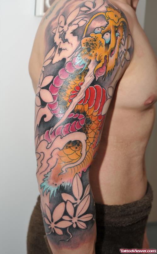 Color Flowers and Japanese Tattoo On Right Sleeve