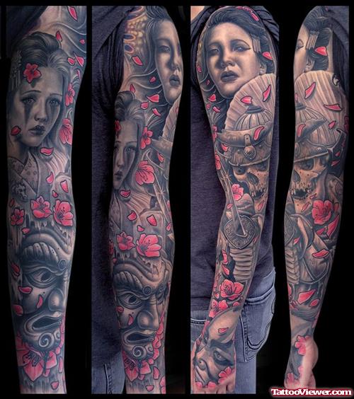 Color Flowers and Japanese Tattoo On Full Sleeve