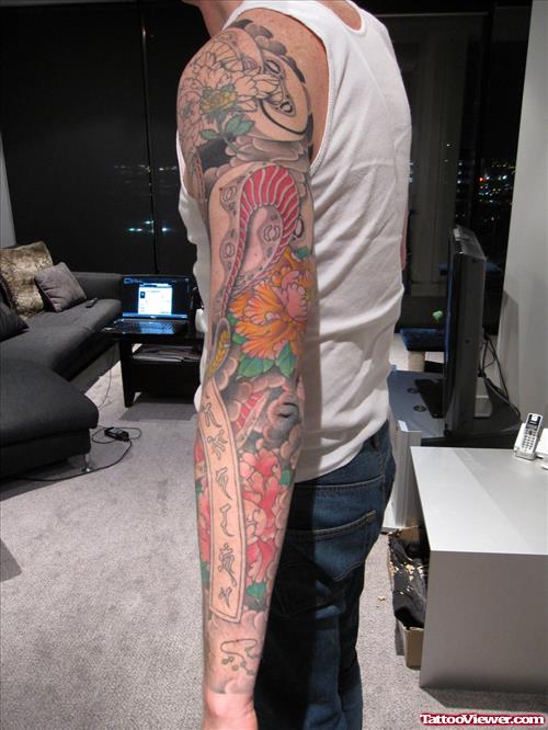 Amazing Color Ink Japanese Tattoo On Left Sleeve