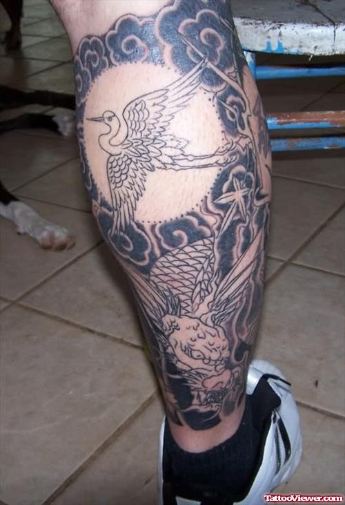 Grey Ink Japanese Tattoo On Right Leg