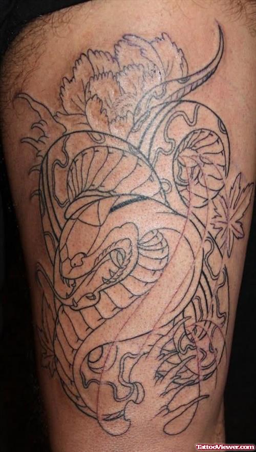 Grey Ink Japanese Snake Tattoo On Leg