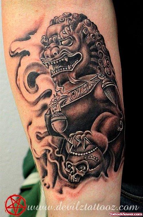 Grey Ink Japanese Foo Dog Tattoo On Half Sleeve