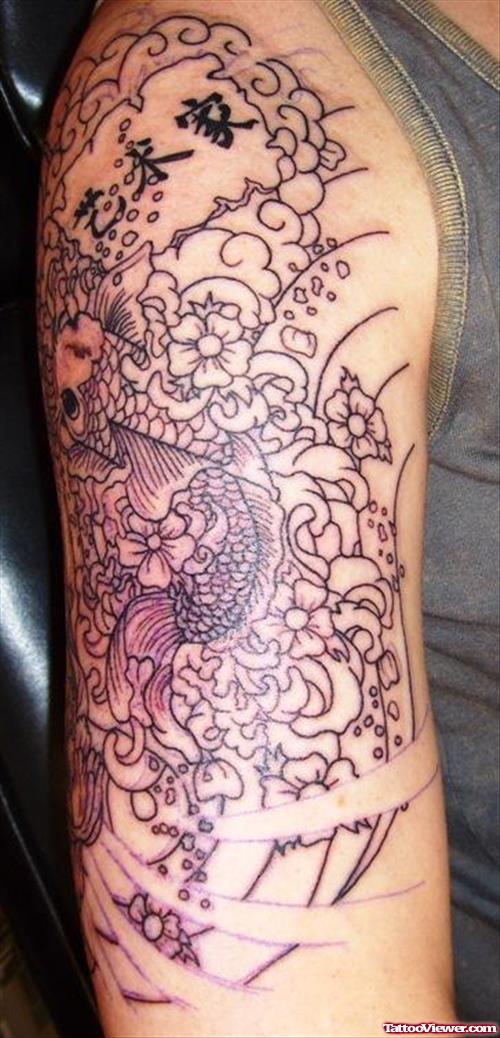 Flowers And Japanese Tattoo On Half Sleeve