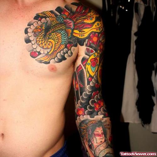 Colored Traditional Japanese Tattoo On Chest And Left Sleeve