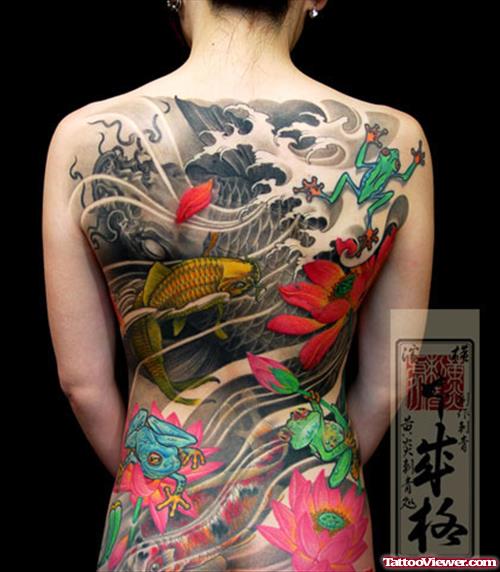 Colored Flowers And Koi Fish Japanese Tattoo On Back