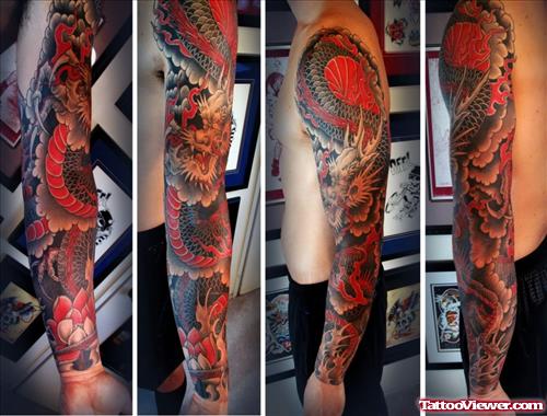 Awesome Colored Japanese Tattoo On Man Left Sleeve