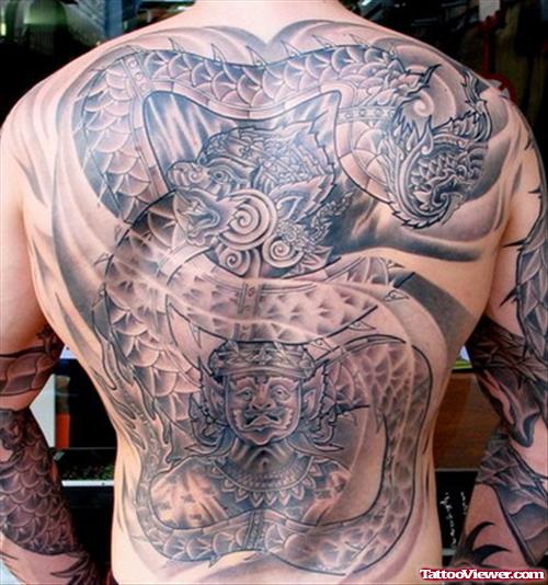 Attractive Grey Ink Japanese Tattoo On Man Back