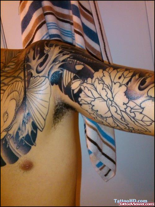 Japanese Tattoo On Chest and Half Sleeve