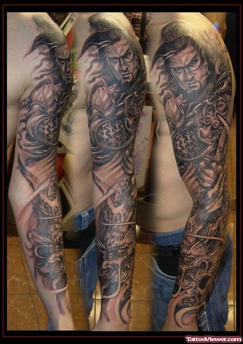 Samurai Dragon Tattoo On Man Full Sleeve