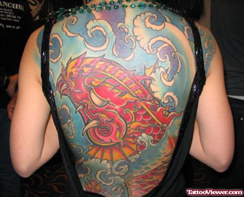 Japanese Colored Demon Koi Tattoo On Back