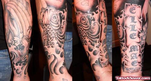 Grey Ink Koi Fish Tattoo On Arm