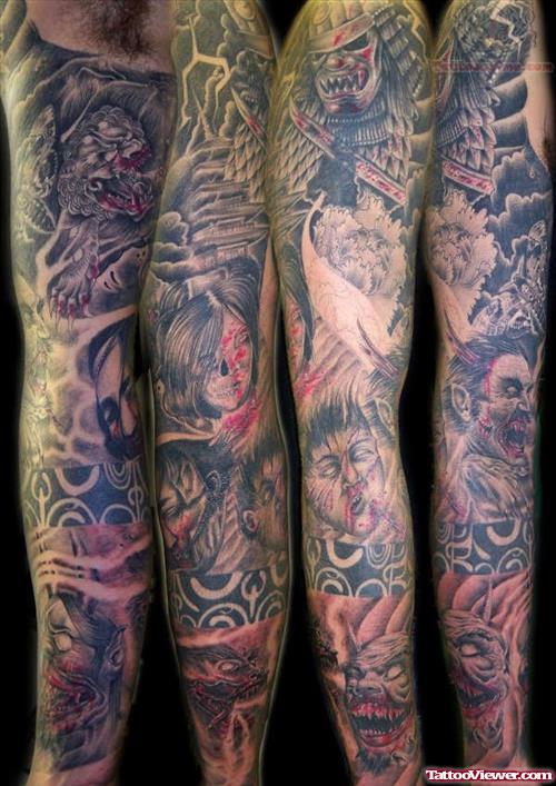 Grey Ink Japanese Tattoo On Man Sleeves