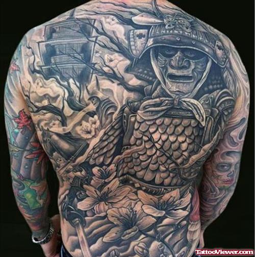 Grey Ink Japanese Tattoo On Back Body