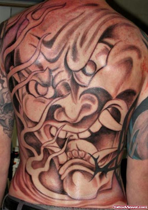 Grey Ink Hanya Japanese Tattoo On Back Body