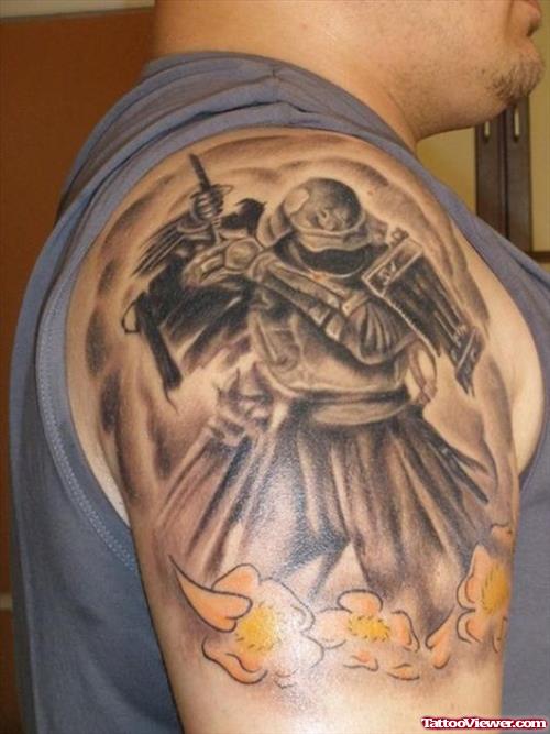 Flowers And Grey Ink Warrior Japanese Tattoo On Right Shoulder