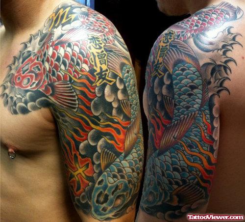 Colored Japanese Tattoos On Half Sleeves
