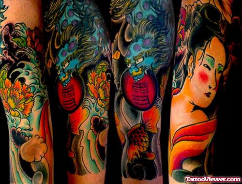 Colored Japanese Full Sleeve Tattoo