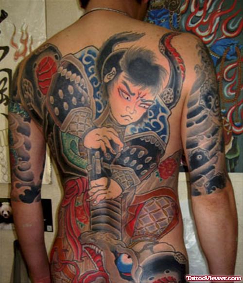 Colored Japanese Tattoo On Man Back