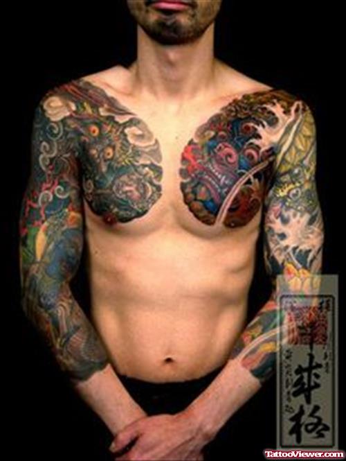 Color Ink Japanese Tattoos On Man Chest And Both Sleeves