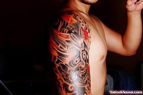 Color Flowees Japanese Tattoo On Man Right Half Sleeve