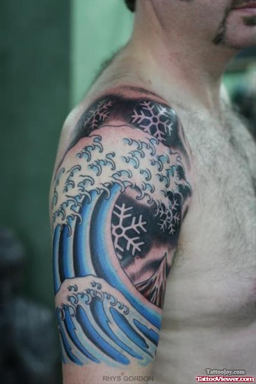 Blue Ink Japanese Water Waves Tattoo On Right Half Sleeve