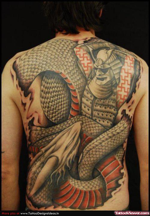 Amazing Grey Ink Japanese Dragon Tattoo On Back