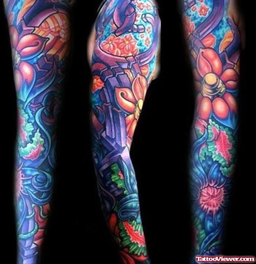 amazing Colored Japanese Tattoo On Full Sleeve