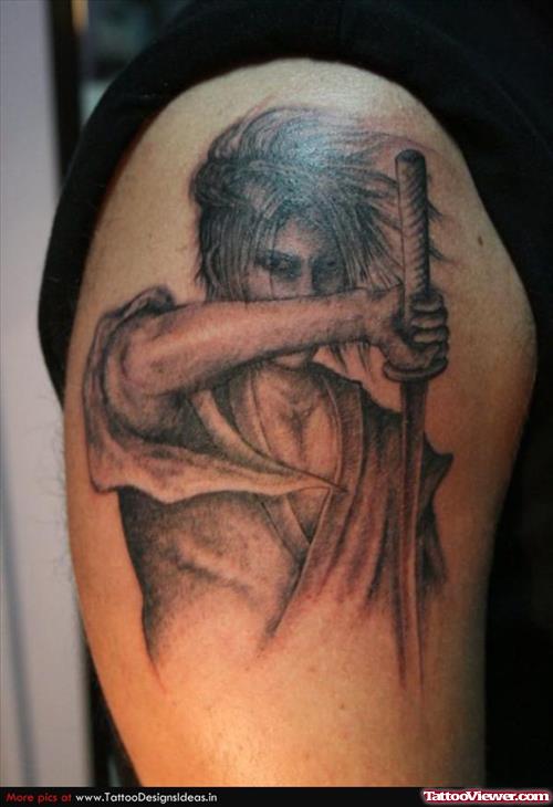 Japanese Grey Ink Tattoo On Right Shoulder