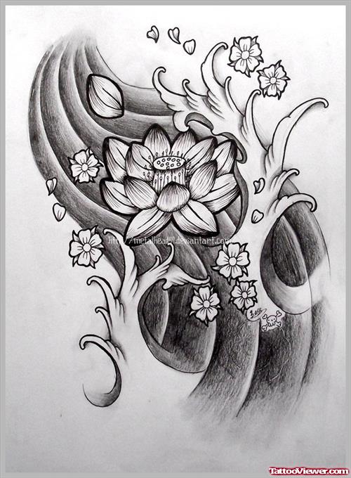 Japanese Flower And Water Wave Tattoo Design