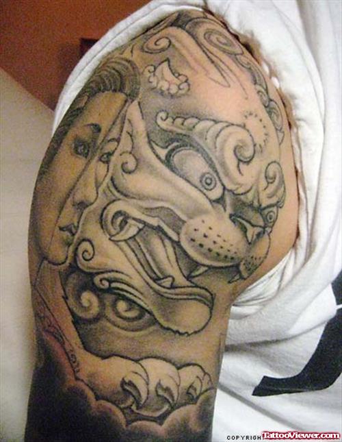 Grey Ink Japanese Foo dog Tattoo On Right Shoulder