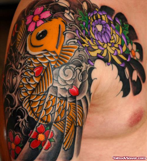 Colored Koi Fish And Flowers Tattoo On Half Sleeve