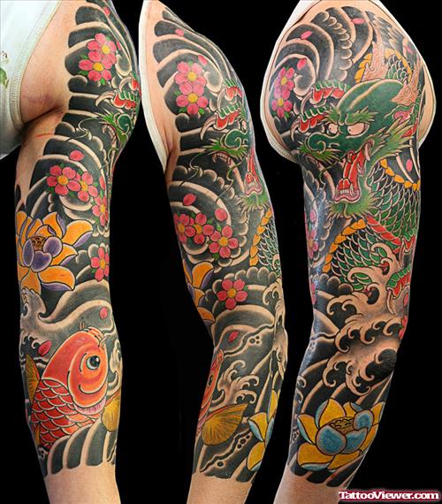 Colored Japanese Flowers and Koi Fish Tattoo On Full Sleeve