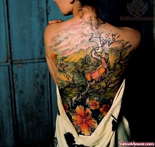 Colored Flowers Japanese Tattoo On Back