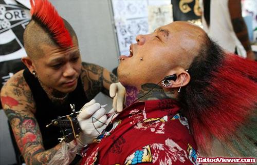 Color Ink Japanese Tattoo On Neck